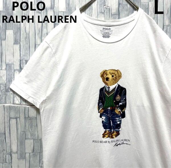 POLO RALPH LAUREN ポロ ラルフローレン ポロベア 半袖 Tシャツ デカロゴ サイズL カスタムスリムフィット シングルステッチ メンズ