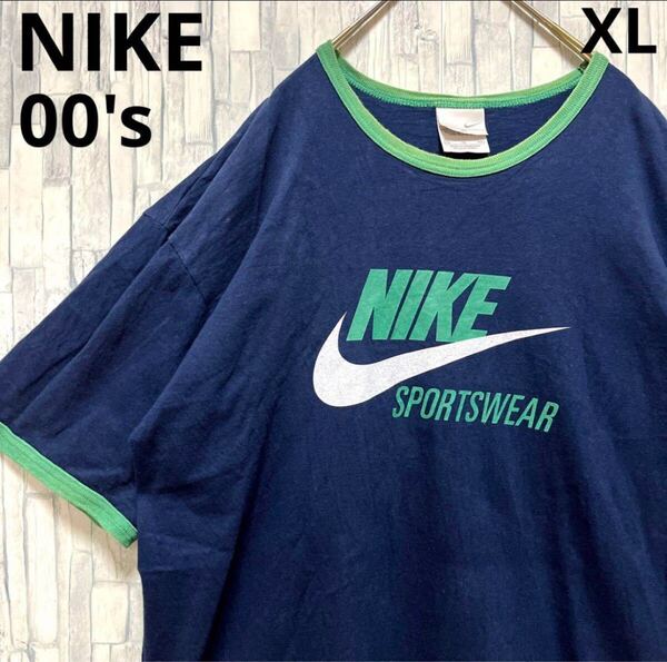 NIKE ナイキ リンガー ネック Tシャツ サイズXL 半袖 デカロゴ 00s 2000年代 Y2K スウッシュ スウォッシュ メンズ 送料無料