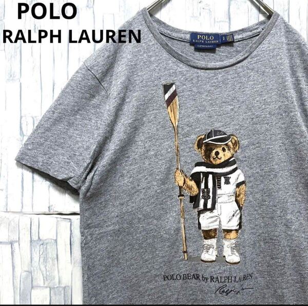 POLO RALPH LAUREN ポロ ラルフローレン ポロベア 半袖 Tシャツ デカロゴ サイズS グレー カスタムスリムフィット シングルステッチ メンズ