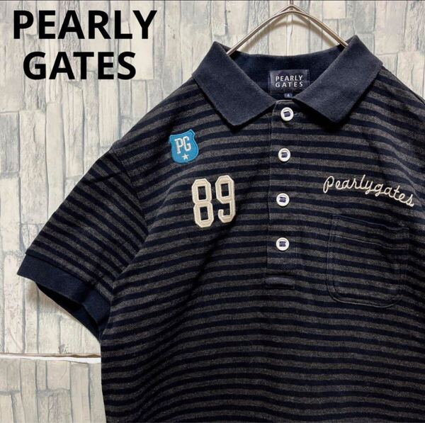 PEARLY GATES パーリーゲイツ 半袖 ポロシャツ ゴルフウェア ボーダー 刺繍ロゴ デカロゴ ビッグロゴ 鹿の子 サイズM 4 送料無料
