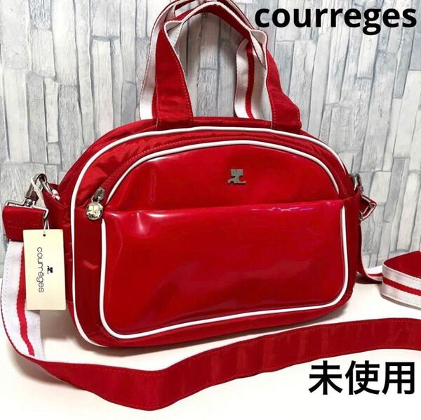 courreges クレージュ エナメル ナイロン ショルダーバッグ ハンドバッグ シンプルロゴ 2way 斜め掛け タグ付 未使用 レディース レッド