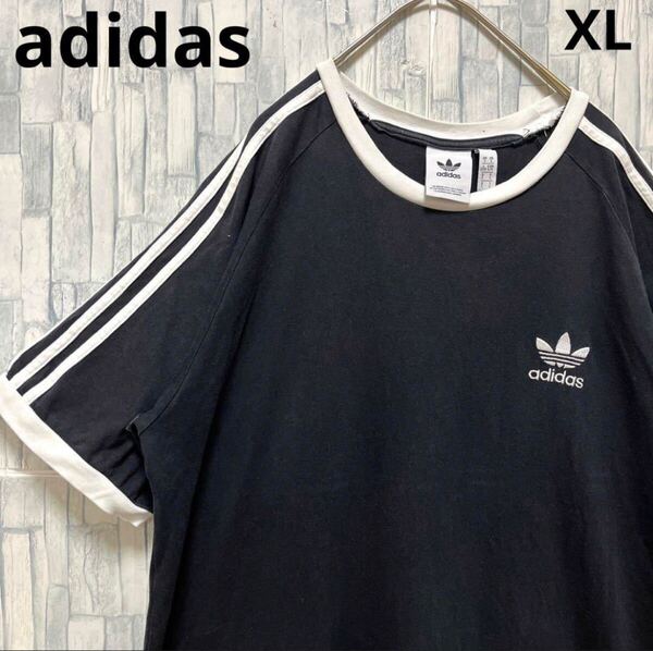 adidas アディダス リンガーネック Tシャツ サイズXL ブラック 刺繍ロゴ シンプルロゴ トレフォイル 半袖 3ライン 3ストライプ メンズ