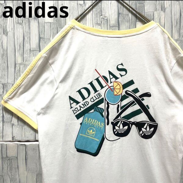 adidas アディダス ISLAND CLUB アイランドクラブ リンガーネック Tシャツ 刺繍ロゴ トレフォイル 半袖 3ライン サングラス 短丈 メンズ