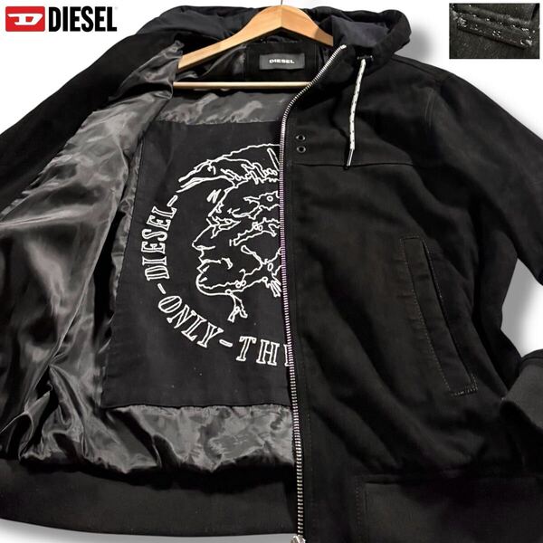 極美品/希少XLサイズ●DIESEL ディーゼル ゴートレザー 山羊革 ジップ パーカー ライダース ジャケット ロゴ金具 裏地ブレイブマンロゴ 黒