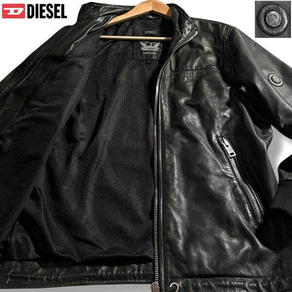 美品●DIESEL ディーゼル 羊革 ラムレザー ジップ ジャケット ライダース ブルゾン パンチング切替 ブレイブマンロゴ金具 黒 Mサイズ