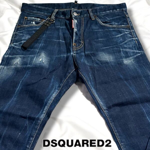 極美品/Lサイズ●DSQUARED2 ディースクエアード デニム ジーンズ ジーパン パンツ ストレッチ インディゴ ロゴチャーム 赤ロゴタグ 48