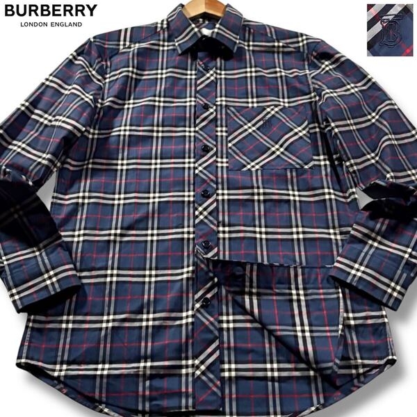 未使用級/Mサイズ相当●現行タグ バーバリー ロンドン 長袖シャツ 羽織り 春物 BURBERRY LONDON 胸元TBロゴ刺繍 ノバチェック総柄 ブルー S