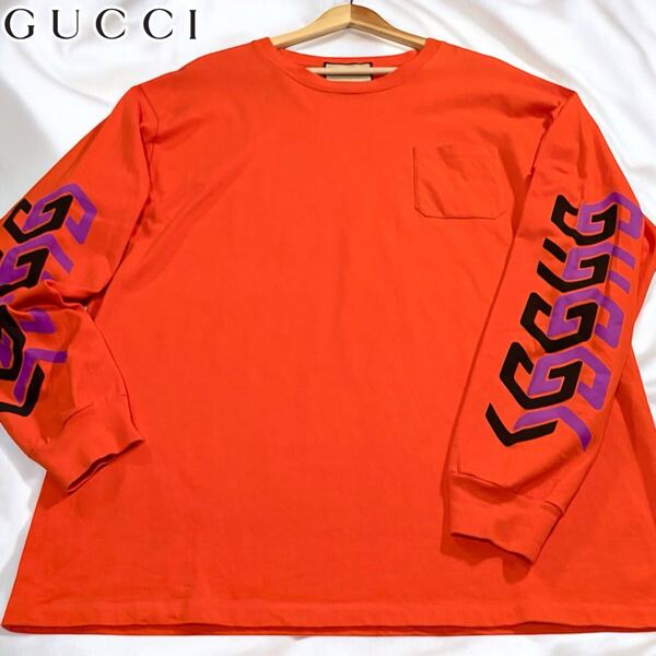 極美品/XLサイズ●現行タグ GUCCI グッチ ロンT 長袖Tシャツ トップス カットソー メンズ ゆったり ポケット オレンジ 両袖GUCCIロゴ
