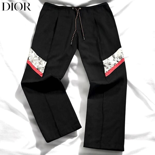極美品/Lサイズ●名作 DIOR HOMME ディオール オム ジョガーパンツ ジャージ イージー スラックス メンズ ストレッチ コントラスト 黒 50