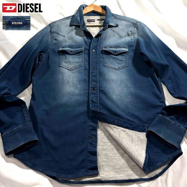 極美品/XLサイズ●DIESEL ディーゼル jogg ジョグ デニムジャケット 長袖シャツ Gジャン 羽織り インディゴ ジャージ ストレッチ 胸元ロゴ