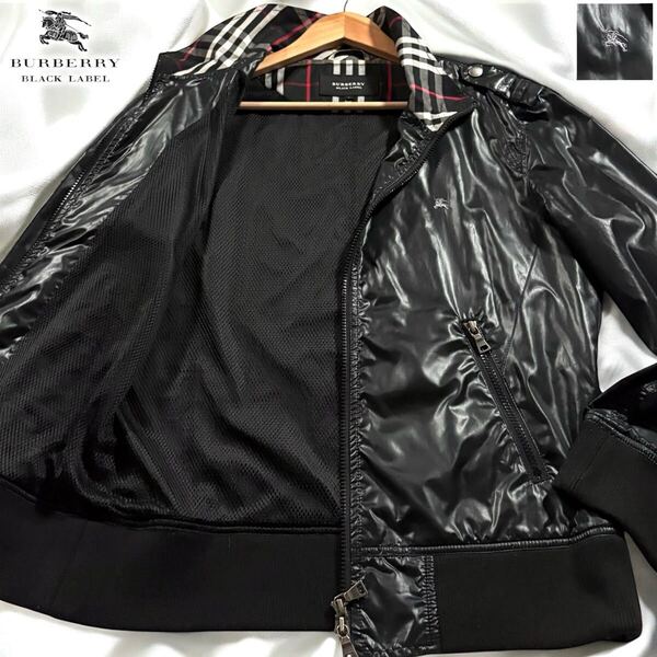 極美品/Lサイズ●バーバリーブラックレーベル ナイロンジャケット 薄手 BURBERRY BLACK LABEL ダブルジップ 光沢感 ノバチェック ホース 黒