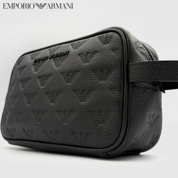 未使用級●現行 エンポリオ アルマーニ レザー セカンドバッグ クラッチ EMPORIO ARMANI メンズ 牛革 エンボス 3D 凸凹 イーグル総柄 型押