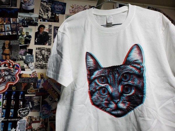 新品│サイケデリックキャット│幻覚系ねこちゃん│輸入Tシャツ│海外インポート品│サイズL│ホワイト│白│HIPHOP│ストリート│猫