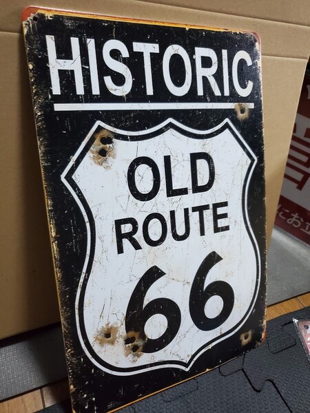 一部凹み有りのため激安出品│オールドルート66│レトロブリキ看板│メタルサイン│アメリカン海外雑貨│ガレージ、店舗│インポート品