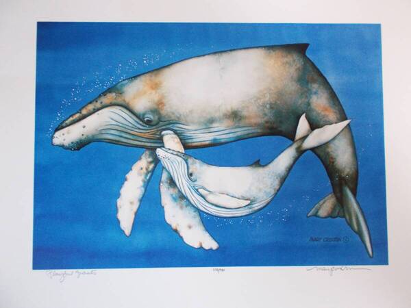 アラスカ Alaska クジラ Whale 親子 水彩画★メアリー・クロクストン/ Mary Croxton★Playful Giants/51cm×40cm インテリア 動物画 風景画