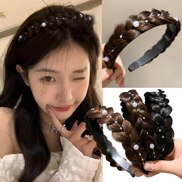 かつらヘッドバンド ウィッグ三つ編みヘアバンド パールウィッグカチューシャ女の子のヘアアクセサリーウィッグカチューシャ