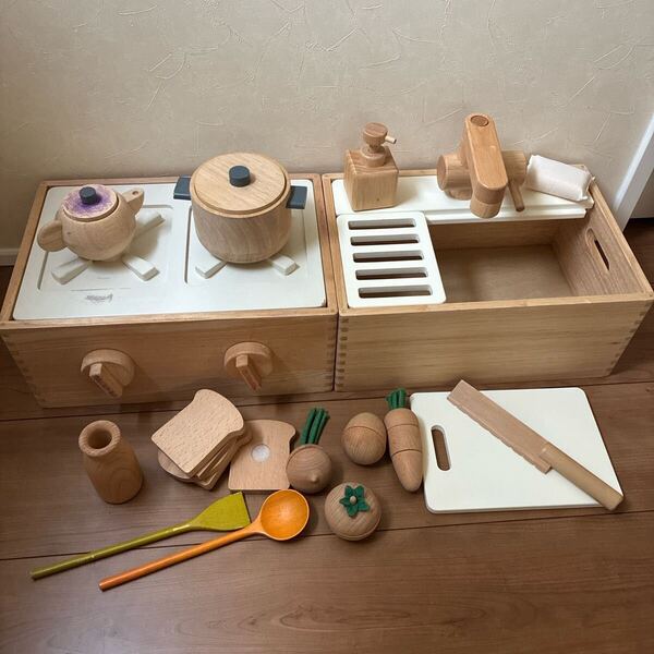 無印良品 ままごと 木製 キッチン シンク おもちゃ 遊んでしまえる 収納 木のおままごと MUJI 廃盤希少 野菜 卵 送料無料