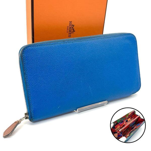 HERMES エルメス アザップロング シルクイン ヴォーエプソン 本革 レザー 長財布 ロングウォレット ブルー X刻印