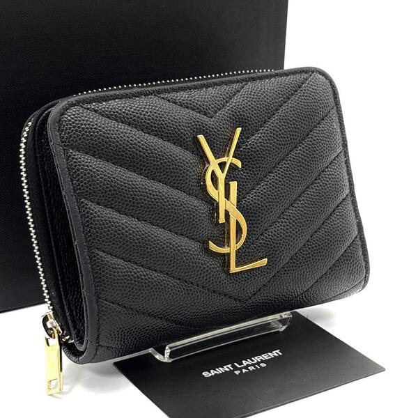未使用級◆SAINT LAURENT サンローラン 二つ折り財布 2つ折り カサンドラ YSLロゴ キャビアスキン キルティング ブラック 黒