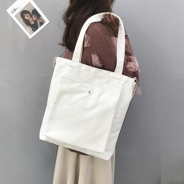 【新品】キャンバス トートバッグ 無地 2WAY ショルダーバッグ<ホワイト>コットン メンズ レディース 男女兼用 大容量 軽量 丈夫 白