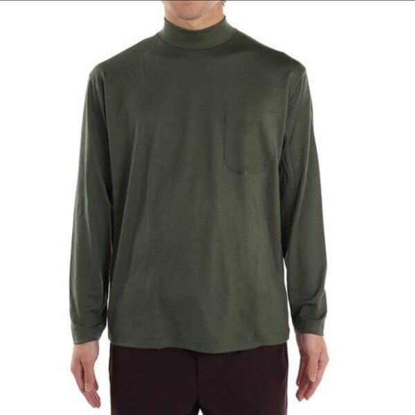 ELKEX カーキ Lサイズ メリノウール モックネック 長袖Tシャツ エルケクス メンズ EKM1FA3121 ウール100%
