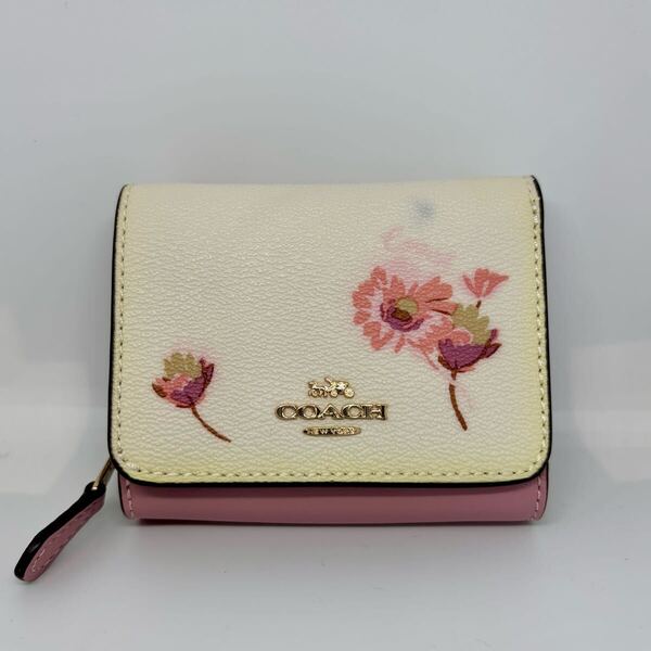 【美品】【コーチ】COACH 三つ折り財布 コンパクト財布 花柄 フラワー ホワイト×ピンク(2505111640)