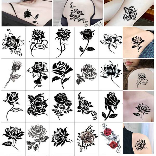 【人気商品】サムコス タトゥーシール ボディーシール 黒薔薇 レディース 刺青シール 花 3D 防水 可愛い シール 20枚セット