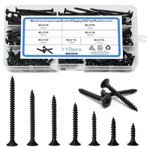 【特価セール】木ネジ 黒 十字穴付皿 7サイズセット 110本入 スクリューネイル ネジ釘 3.5mm x 16 mm/20mm/