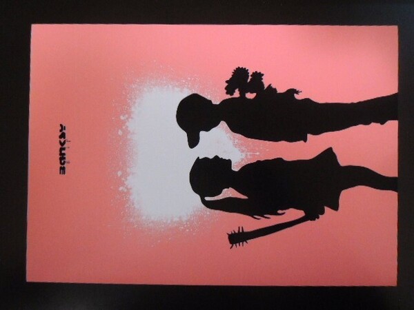 A4 額付き ポスター Banksy バンクシー Fake Love フェイクラブ Boy Meets Girl ピンク