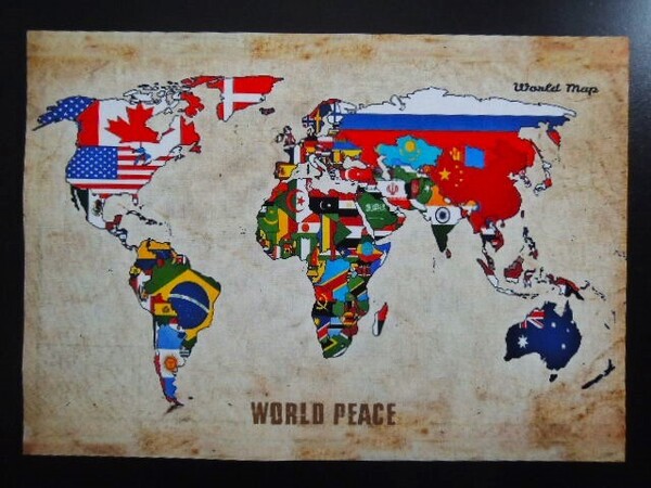 A4 額付き ポスター 世界地図 WORLD MAP アンティーク ヴィンテージ 風 国旗 レトロ おしゃれ インテリア