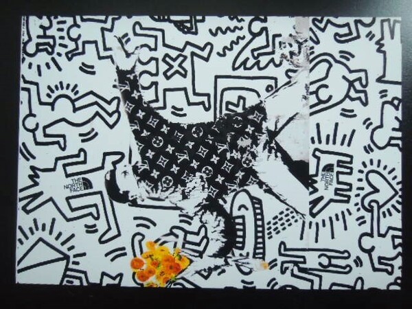 A4 額付き ポスター banksy フラワーボンバー 花束 ゴッホ キースへリング LV モノグラム 額装済み