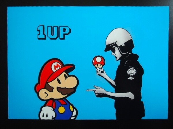 A4 額付き ポスター Banksy Mario ポリス 職質 マリオ 怪しいキノコ所持 スーパーキノコ Super Mushroom ブルー 1UP バンクシー