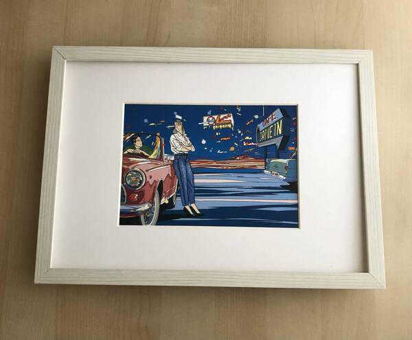 kj ★額装品★ わたせせいぞう ヴィンテージカー 貴重イラスト A4額入り ポスター風デザイン ダイナー ドライブイン 車 自動車 漫画