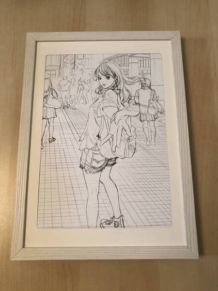 kj ★額装品★ 江口寿史 吉祥寺 街カードフェスタ 貴重イラスト A4額入り ポスター風デザイン ラフ スケッチ 下絵 漫画 美人画 美女