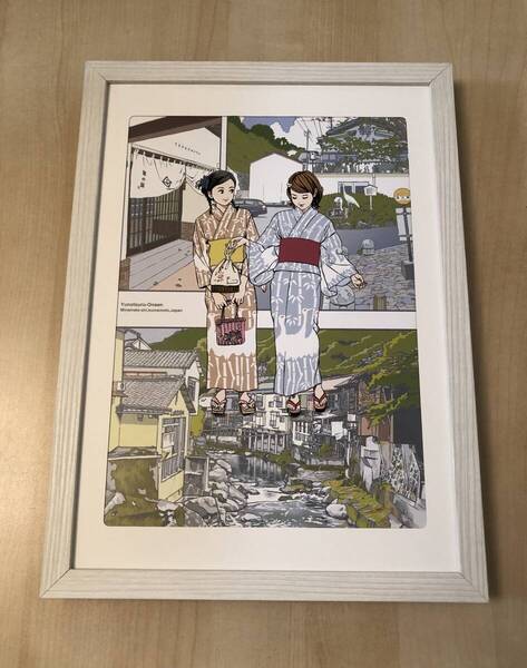 kj ★額装品★ 5 江口寿史 熊本県 水俣市 観光 貴重イラスト A4額入り ポスター風 温泉 浴衣 鶴の屋 湯の鶴 美人画 美女 美少女 漫画