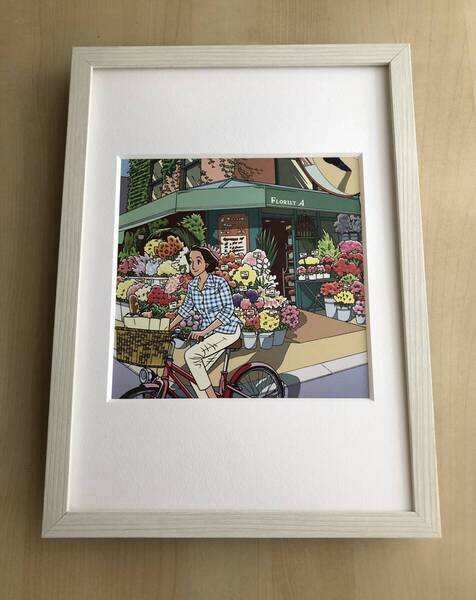 kj ★額装品★ わたせせいぞう 花屋 自転車 貴重イラスト A4額入り ポスター風 買い物 ママチャリ 漫画 フランスパン FLORIST A