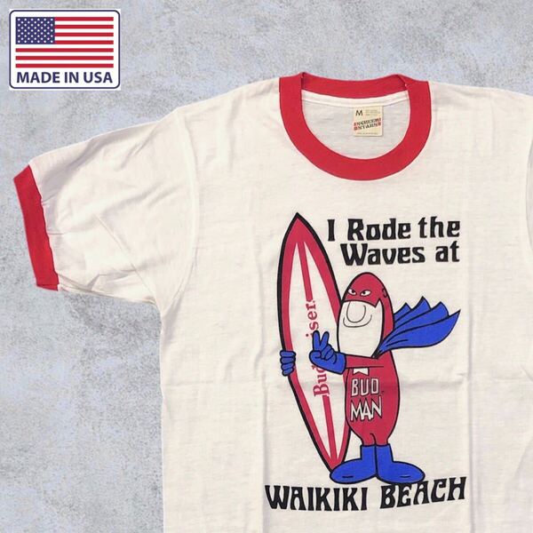 BUDMAN USA製 70S - 80S Tシャツ プリント バドワイザー 白 バドマン ビンテージ ヴィンテージ リンガー リンガーT プリント 企業