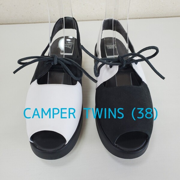 美品◆CAMPER カンペール TWINS ツインズ 本革レザー 厚底 ストラップパンプス サンダル(38)黒/白 ブラック ホワイト バイカラー