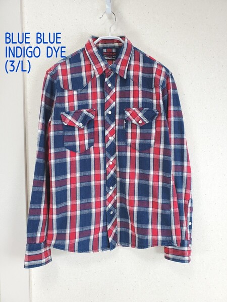 美品◆BLUEBLUE INDIGO DYE ブルーブルー インディゴ ネルシャツ ウエスタンシャツ 長袖 チェック 聖林公司 紺/赤/チェック(3■Lサイズ)
