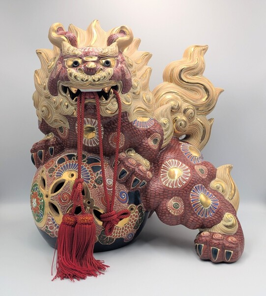 九谷焼 骨董 民芸品 宝獅子 魔除け獅子 縁起物 獅子 狛犬 置物 玉乗り獅子 シーサー 赤獅子