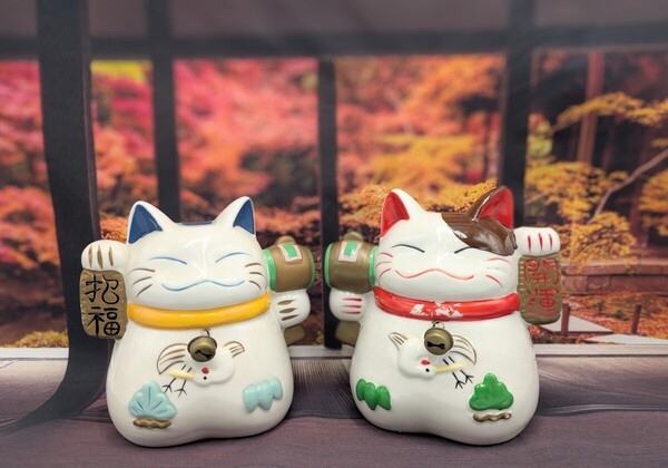 招き猫 陶器製 貯金箱 2個セット 招福開運 ペア 昭和レトロ 縁起物 商売繁盛