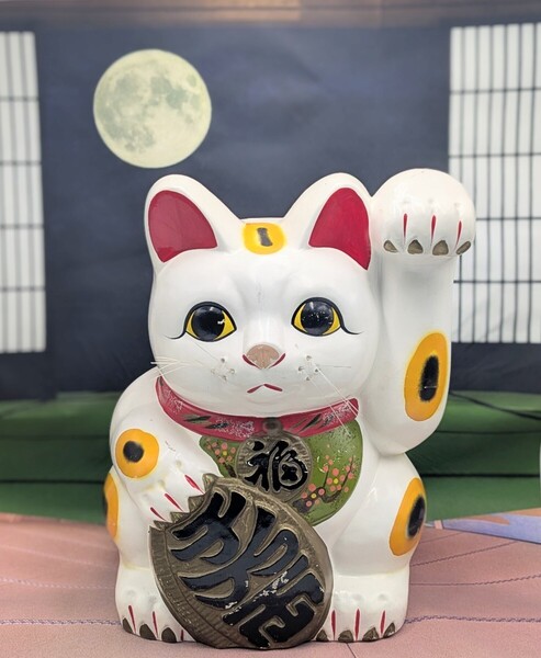 招き猫 34㎝ 貯金箱 縁起物 陶器製 レトロ 商売繁盛 開運 招福 左手上げ まねきねこ 置物 インテリア