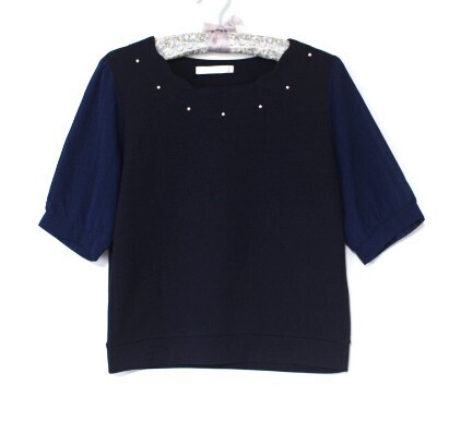 送料無料*美品*ARROW*アロー*紺*パールビジュー*スカラップネック*トップス*半袖*パフスリーブ*シフォン*カットソー*L*レディース