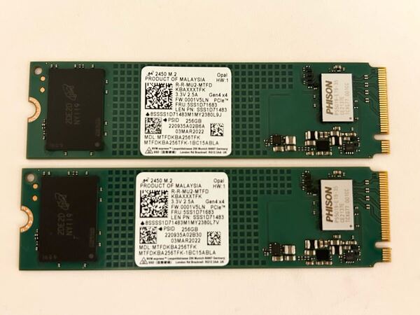 二個セット Micron 2450 M.2 2280 NVMe SSD 256GB PCIe Gen4 MTFDKBA256TFK 合計512GB 未使用に近い