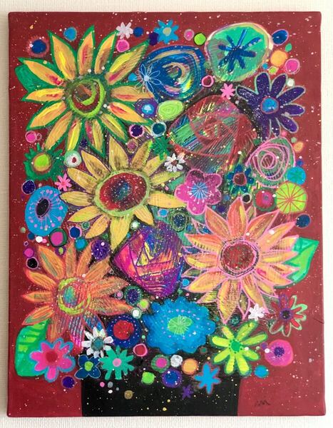 アクリル画 Sunflowers レッド F6号キャンバス