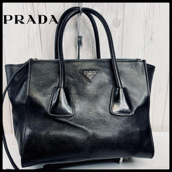 【 美品 】 PRADA プラダ ハンドバッグ レザー ショルダーバッグ 黒 ブラック バッグ 鞄 カバン 三角ロゴ