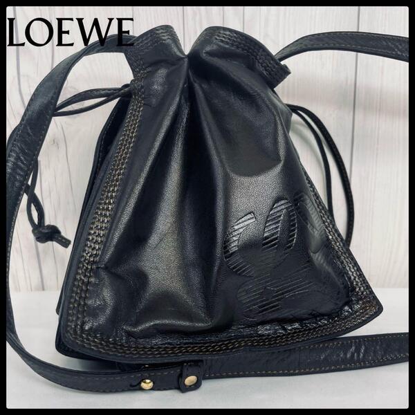 ◆ 美品 ◆ ロエベ LOEWE ショルダーバッグ レザー アナグラム ブラック 黒 バッグ カバン ポシェット 斜め掛け