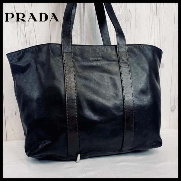 【 美品 】 PRADA プラダ トートバッグ レザー ブラック 黒 A4 大容量 通勤バッグ バッグ カバン 通学バッグ