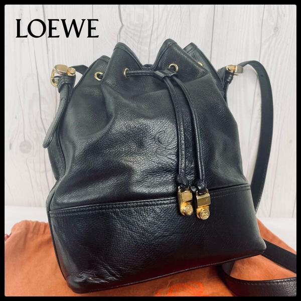 ◆ 美品 ◆ ロエベ LOEWE アナグラム ショルダーバッグ 巾着 ブラック 黒 斜め掛け ポシェット バッグ カバン