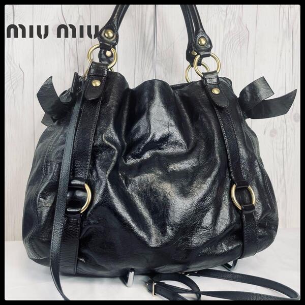 ◆ 美品 ◆ miumiu ミュウミュウ ハンドバッグ ショルダーバッグ レザー 黒 ブラック バッグ カバン 斜め掛け リボン